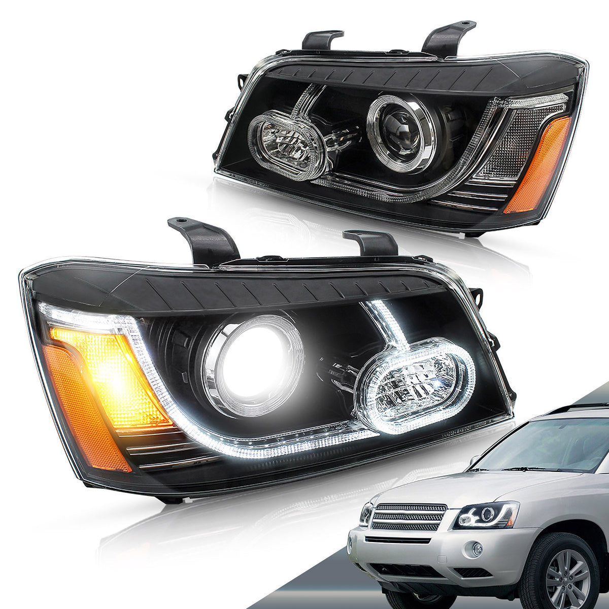 VLAND LED Projector Headlights Fit Toyota Highlander 2001-2007 Aftermarket Front Lamps