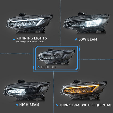 VLAND LED Headlights Fit Honda Civic 2016-2021 Sedan Hatchback Coupe Front Lights