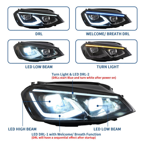 VLAND LED Front lights For 2015-2017Fit Golf MK7 Halogen Headlights Models (Europe is 2013-2016 Volkswagen)