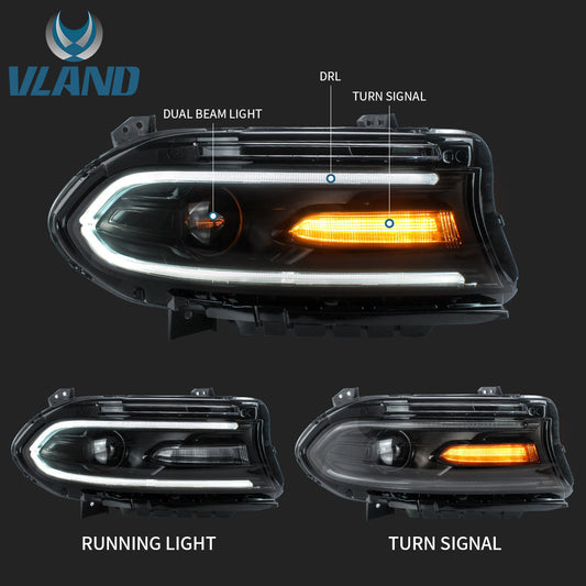 VLAND LED Headlights 2015-2024 Fit Dodge Charger Halogen Models Front Lights Assembly