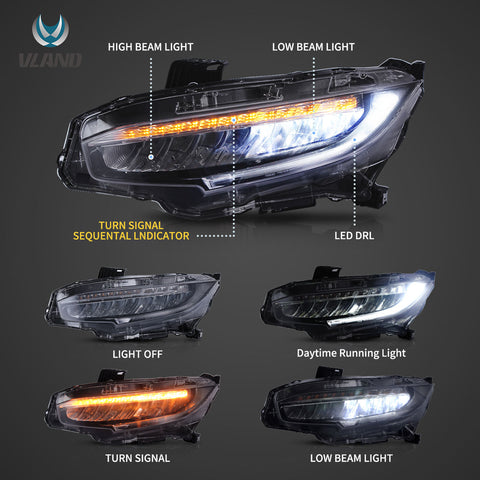 16-21 Fit Honda Civic 10th Gen（FC/FK) Vland LED Reflection Bowl Headlights Chrome