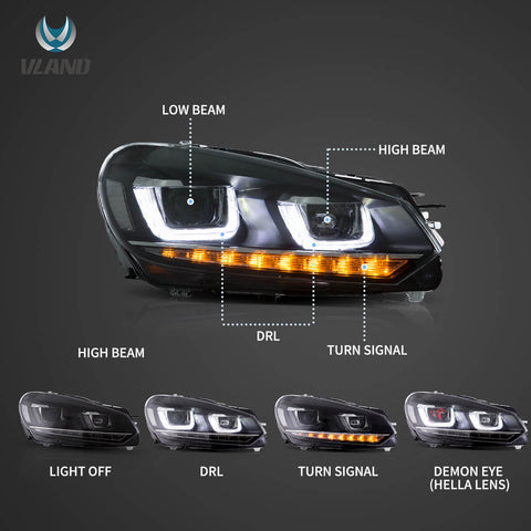 09-14 Fit VW Golf 6th Gen Mk6 Vland Dual Beam Projector Aftermarket For Volkswagen Headlights With Demon Eyes Black