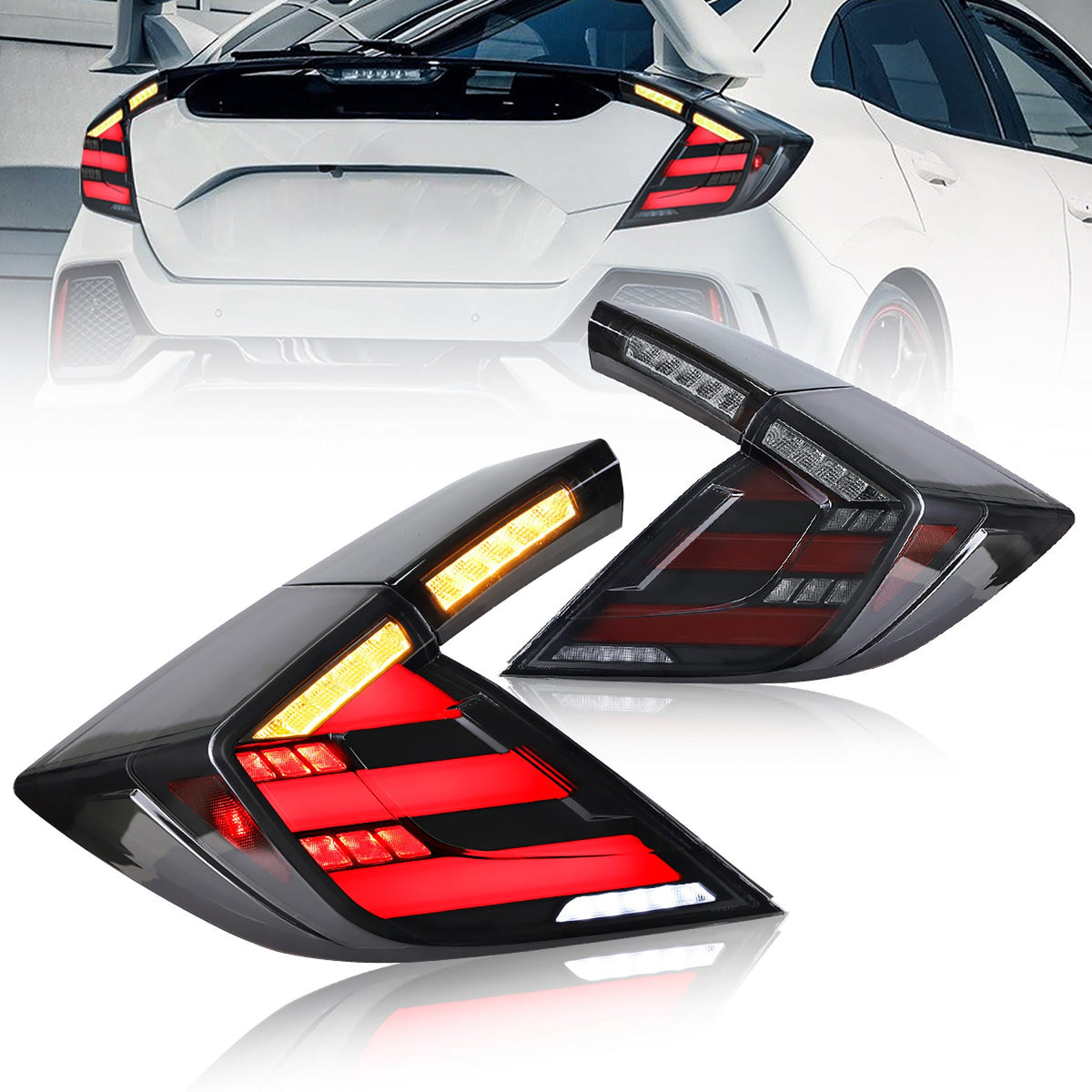 16-21 Fit Honda Civic 10th Gen Hatchback and Type R Vland LED Tail Lights with Amber Turn Signal