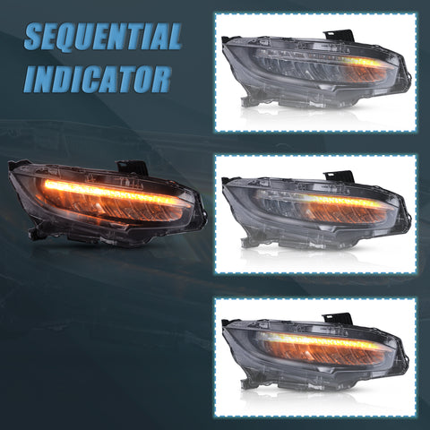 16-21 Fit Honda Civic 10th Gen（FC/FK) Vland LED Reflection Bowl Headlights Chrome