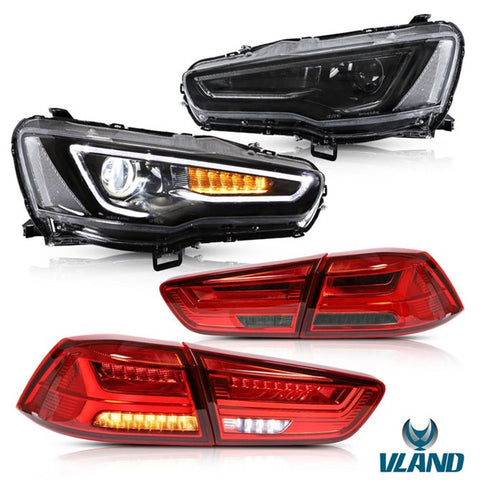 VLAND Dual Beam Projector Headlights and Taillights for Mitsubishi Lancer EVO X 2008-2018(Multi-Choice Combination)