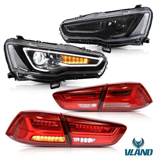 VLAND Dual Beam Projector Headlights and Taillights for Mitsubishi Lancer EVO X 2008-2018(Multi-Choice Combination)